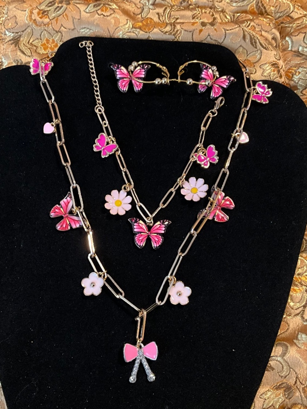 Parky’s Place Pink Butterfly Garden Necklace Bracelet Earrings Set